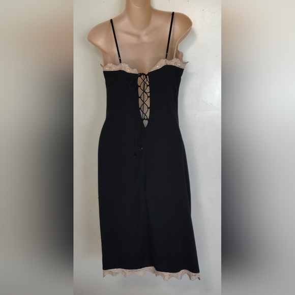 Vintage Fredericks of Hollywood Black Slip Negligee Dress LACE UP BACK Large - Picture 13 of 16